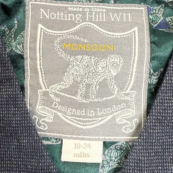 Monsoon Notting Hill W11 Navy/ Gray Vest w/ Green Fox Print Lining Sz 18-24 Mths - Picture 3 of 10